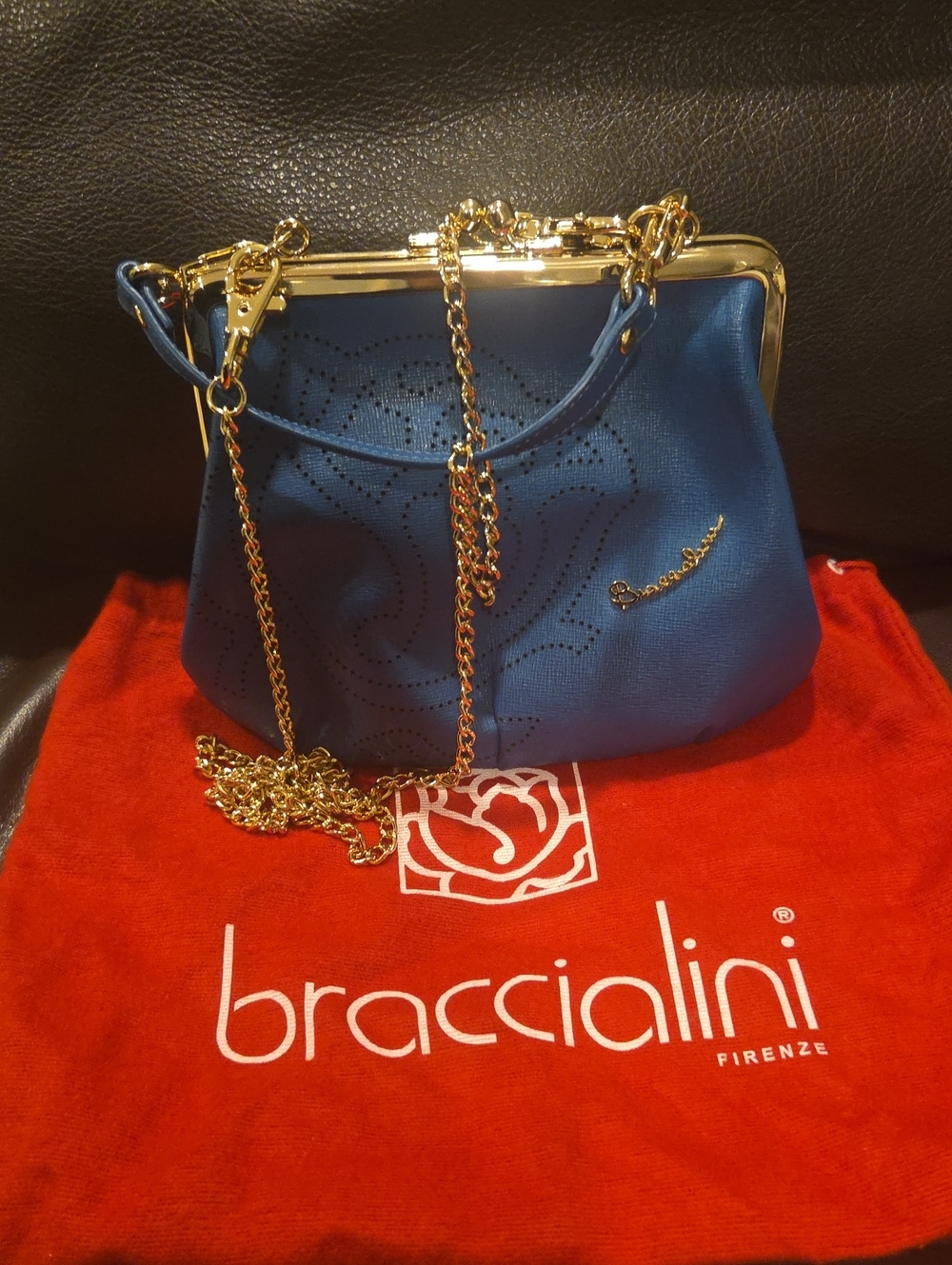 Braccialini Firenze Blue Leather Horse Gold Frame Handbag + Dust Bag